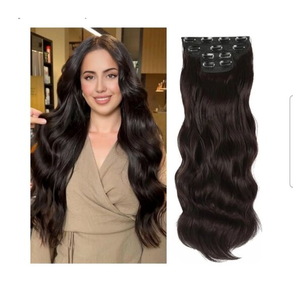 Vigorous Womens 24 Inch Dark Brown Hair Extensions Clip In 4Pcs Long Wavy Synth. - Picture 1 of 7